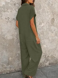 Combinaison pantalon unie à manches courtes et col chemise, style décontracté d'été.