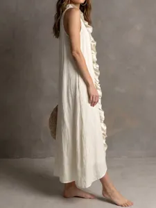 Sleeveless linen maxi dress with elegant ruffles, V-neck French summer long dress for women.
