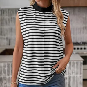 Women Elegant Striped Tank Top Sleeveless Round Neck Slim Fit Basic Solid Color Summer Vest Polyester Spandex Top