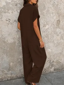 Femme style décontracté couleur unie manches courtes bouton ample combinaison détail
