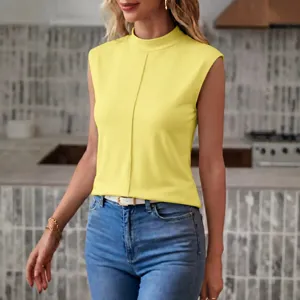 Women summer sleeveless mock neck slim fit casual basic top stylish yellow knitwear vest