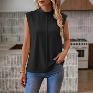 Black sleeveless mock neck casual summer vest top for women versatile daily wear chic