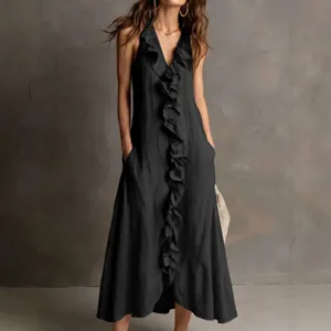French Vintage Women Cotton Linen Sleeveless V-Neck Maxi Dress Solid Color Ruffle Large Swing Loose Casual Beach Dress With Pockets