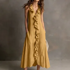 Sleeveless v-neck cotton linen maxi dress with front ruffles and pockets for women summer fashion.