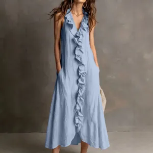 Women sleeveless linen v-neck ruffle maxi dress casual summer beach long dress