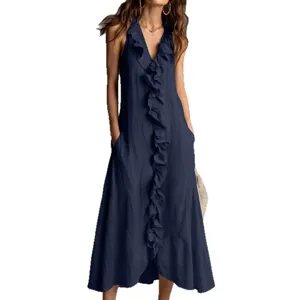 Elegant summer sleeveless v-neck solid color ruffle linen maxi dress with handy side pockets.