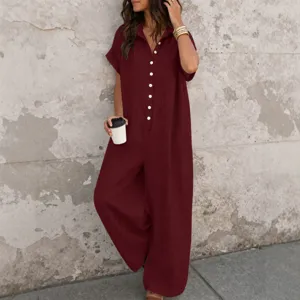 Femme casual couleur unie bouton manches courtes combinaison ete mode chic vetement femme