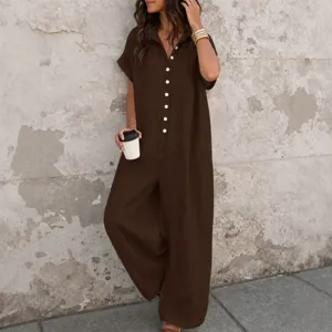 Femme ete decontracte ample manches courtes bouton uni coton lin combinaison mode