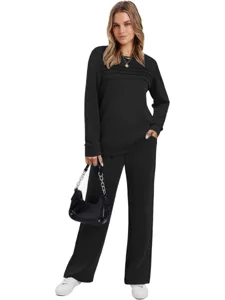 Details of black long sleeve top and pants two piece set, casual daily outfit view.