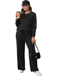 Detail view of the casual black long sleeve sweatshirt and pants set, perfect for autumn style.