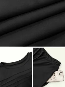 Detailed view of women's black casual long sleeve and pants two-piece set fabric texture.