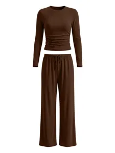 Brown long sleeve crop top and wide leg pants loungewear set for women casual wear.