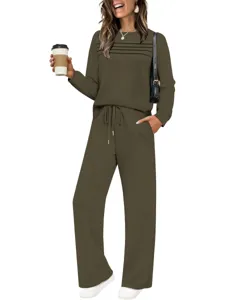 Casual olive green long sleeve top and pants lounge set for daily casual comfort style.