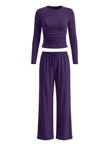 Purple long sleeve top and wide leg pants set, detailed view of casual pleated crop lounge set.