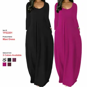 Women Low Scoop Neck Long Sleeve Maxi Dress With Pockets Casual Loose Solid Color Leopard Print Knitted Polyester Dress