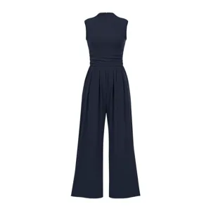 Elegant dark blue sleeveless high neck pleated wide leg jumpsuit for women casual wear