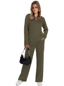 Detailed view of the army green casual long sleeve top and matching pants two piece outfit.