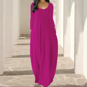 Femme robe longue unie col rond manches longues avec poches automne decontractee