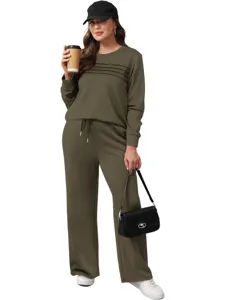 Olive green long sleeve sweatshirt and pants tracksuit set with pleated front detail.