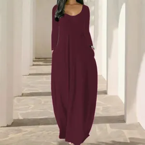 Robe longue femme unie manches longues col rond avec poches robe casual élégante