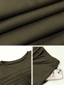 Olive green casual two piece set detail, ribbed fabric texture, pleated neckline closeup.