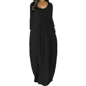 Robe longue femme noire manches longues avec poches col rond automne style chic mode