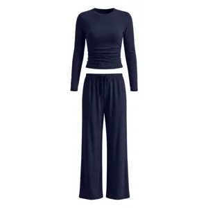 Women Casual Solid Long Sleeve Top And Bottom Wide Leg Pants Relaxed Fit Two Piece Outfit Soft Milk Silk Lounge Wear Set