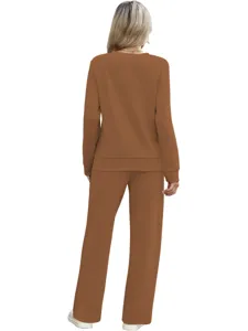 Detail view of the cozy brown long-sleeve loungewear top and pants set for women daily wear.
