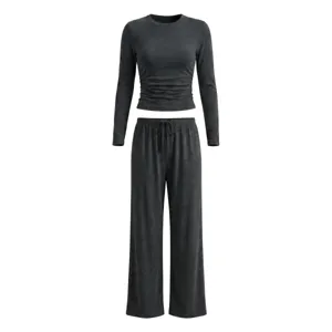Solid color long sleeve crop top and wide leg pants loungewear set in dark grey for women.