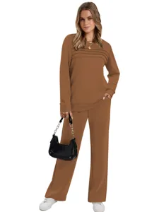 Detailed view showing the casual long sleeve sweatshirt and matching pants lounge set.