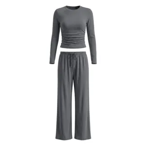 Women's Casual Long Sleeve Crop Top and Wide Leg Pants Two Piece Lounge Set Charcoal