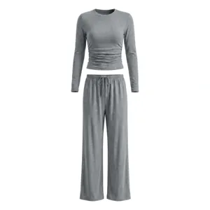 Grey long sleeve crop top and wide leg pants lounge set for women casual two piece tracksuit
