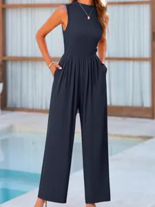 Solid sleeveless wide-leg jumpsuit with high waist and round neck for women casual daily wear.