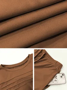 Brown casual two-piece loungewear set detail showing soft fabric, pleated top, and pocket pants.