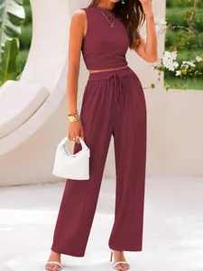Women Ribbed Crop Top And Wide Leg Pants Two Piece Set Casual Solid Color Outfits