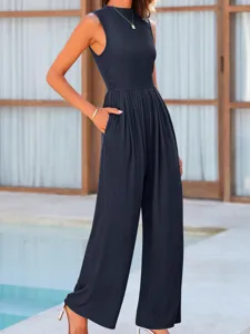 Detail view of a sleeveless ribbed jumpsuit, featuring a wide-leg design and handy side pockets.