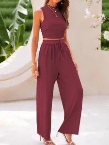 Detailed view of solid ribbed two piece set crop top and high waist wide leg pants.