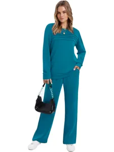 Teal long sleeve sweatshirt and pants set detail view, casual two piece outfit for women.