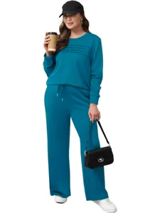 Teal long sleeve top and wide leg pants casual set detail showing chic pleated design for daily wear.