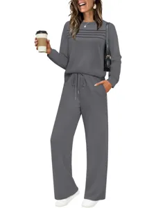 Casual long sleeve top and wide leg pants lounge set for women, comfortable two piece outfit.