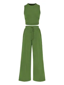 Green ribbed two-piece set featuring a slim crop tank top and high-waist wide-leg pants.