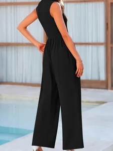 Elegant black sleeveless jumpsuit for women, casual high waist wide leg pants summer outfit.