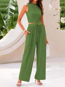 Green ribbed two piece crop top and wide leg pants set detail view for casual summer wear.