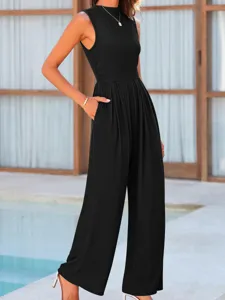 Detail view of a stylish black sleeveless wide-leg jumpsuit, casual loose fit for daily wear.