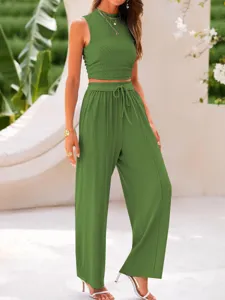 Chic Solid Ribbed Crop Tank Top And High Waist Wide Leg Pants Two Piece Set For Women