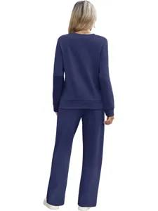 Women long sleeve sweatshirt and pants casual two piece set solid color autumn outfit