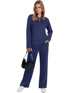 Casual two-piece loungewear set detail showing long-sleeve top and matching trousers.