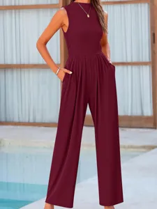 Detailed view of the elegant burgundy sleeveless wide-leg jumpsuit featuring practical side pockets.