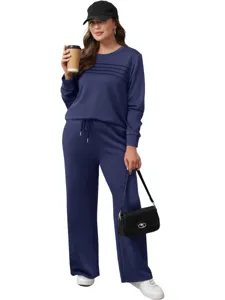 Details of the stylish blue long-sleeve top and trousers lounge set, comfortable knit fabric.