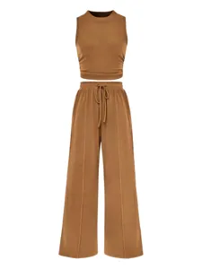 Brown ribbed crop tank top and high waist wide leg pants detail view, casual two piece set.